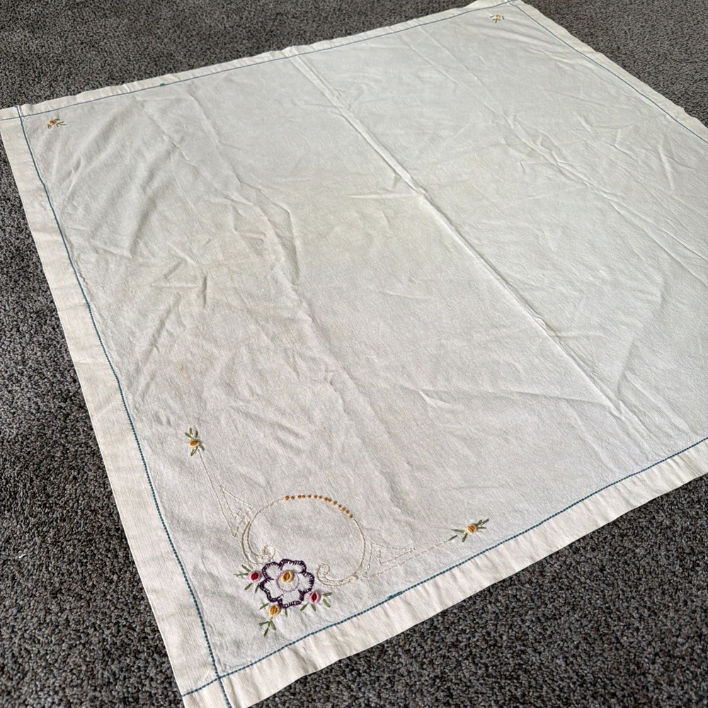 Vintage Square Ivory Linen Embroidered Tablecloth Embroidered Flowers 32"